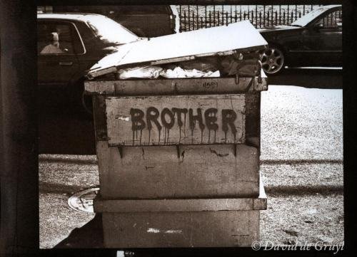 Vandyke Print of a dumpster with Brother grafitied on it.